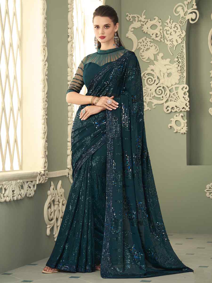 Dark Green Smooth Gerogette Sequins Party Cocktail Classic Style Saree