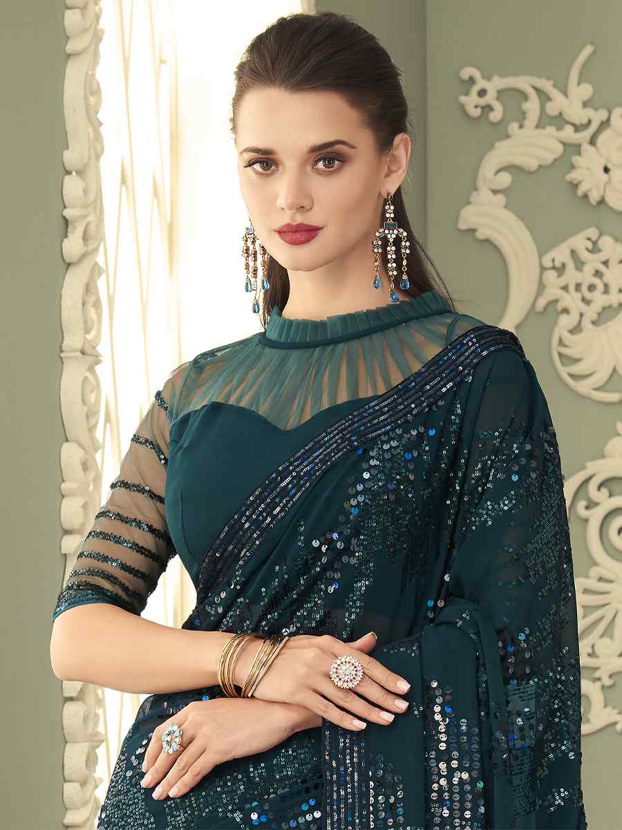 Dark Green Smooth Gerogette Sequins Party Cocktail Classic Style Saree