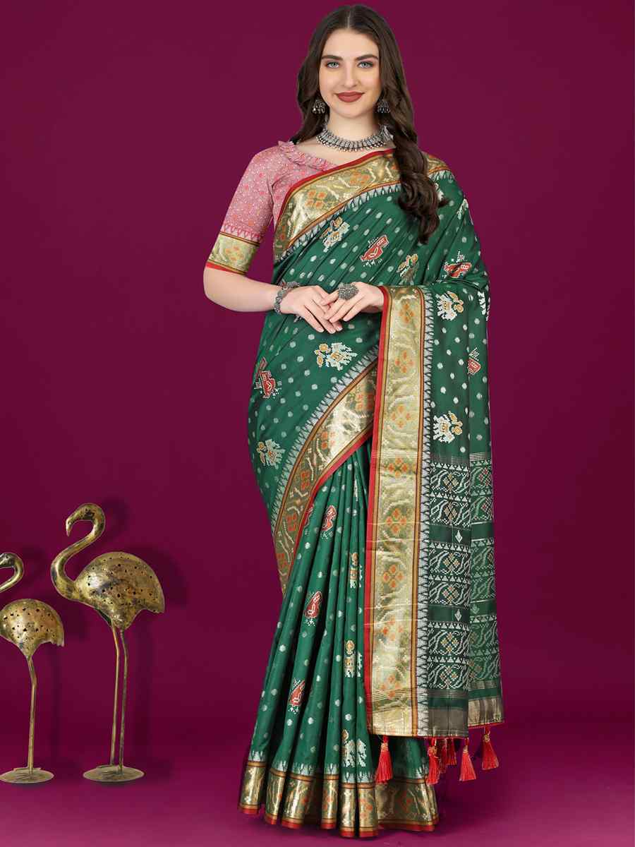 Dark Green Soft Patola Silk Handwoven Wedding Festival Heavy Border Saree