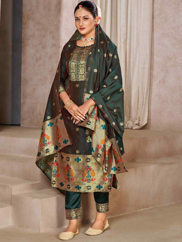 Dark Green Tapeta Silk Embroidered Casual Festival Pant Salwar Kameez