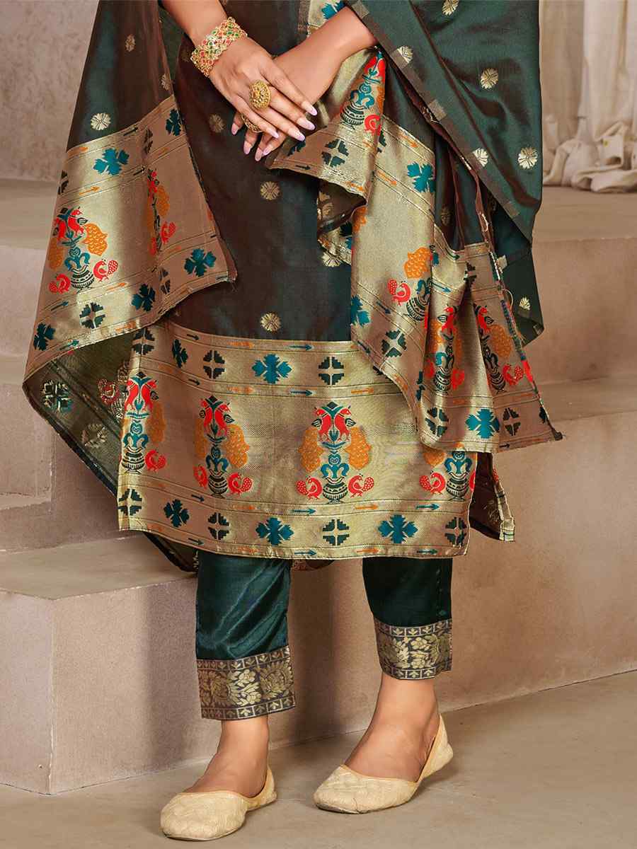 Dark Green Tapeta Silk Embroidered Casual Festival Pant Salwar Kameez
