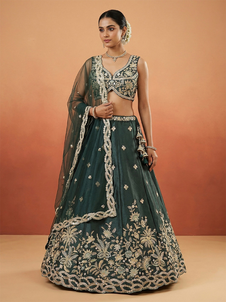 Image of Dark Green Tissue Embroidery Zari Sequins Wedding Reception Party Wear Festival Heavy Border Lehenga Choli