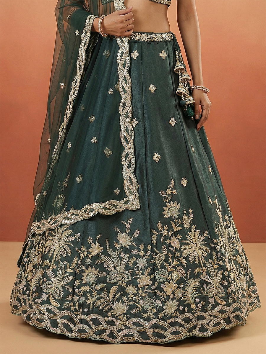 Dark Green Tissue Embroidery Zari Sequins Wedding Reception Party Wear Festival Heavy Border Lehenga Choli
