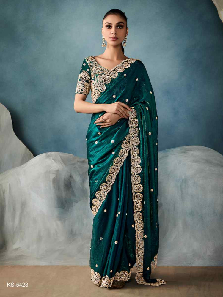 Dark Green Tissue Silk Embroidered Festival Wedding Fancy Heavy Border Saree