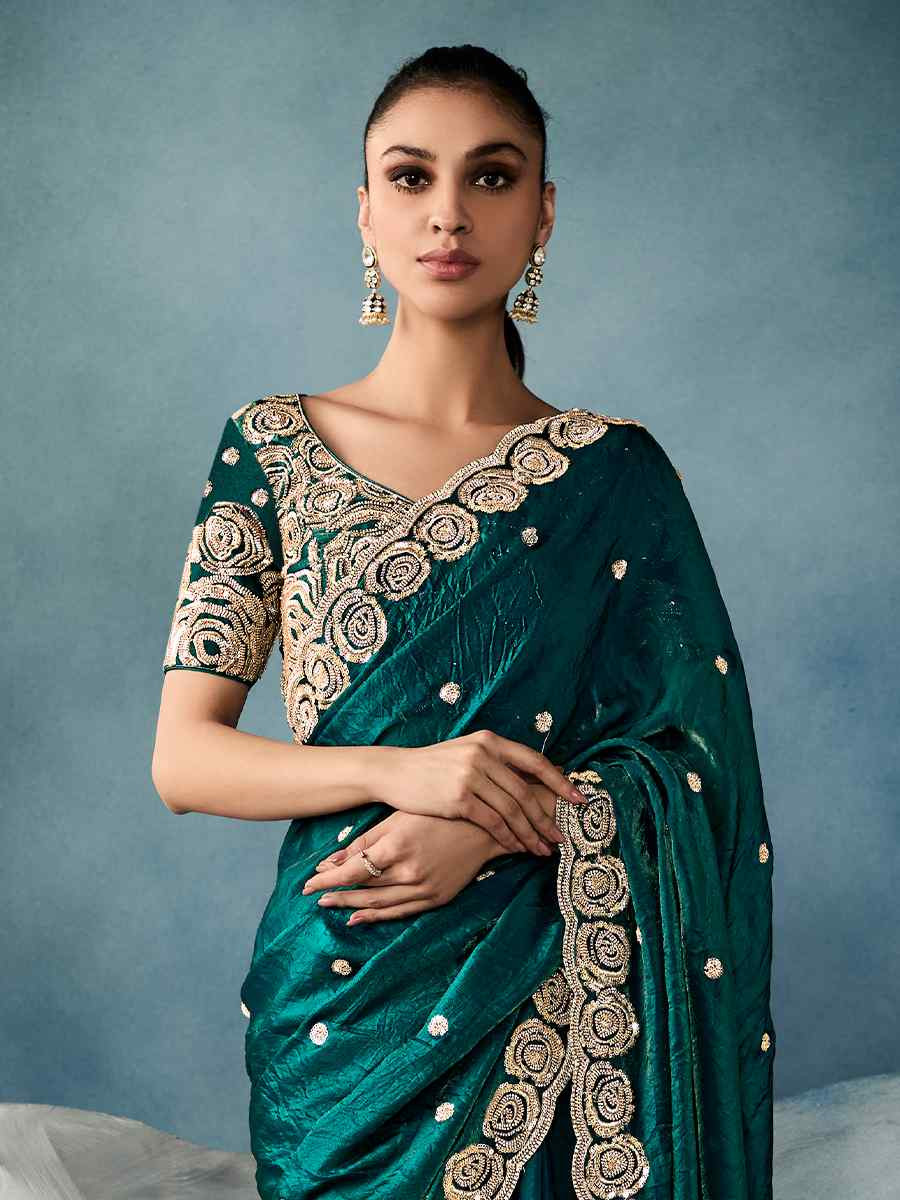 Dark Green Tissue Silk Embroidered Festival Wedding Fancy Heavy Border Saree