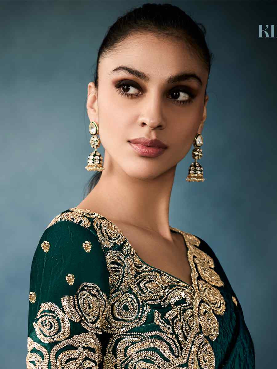 Dark Green Tissue Silk Embroidered Festival Wedding Fancy Heavy Border Saree