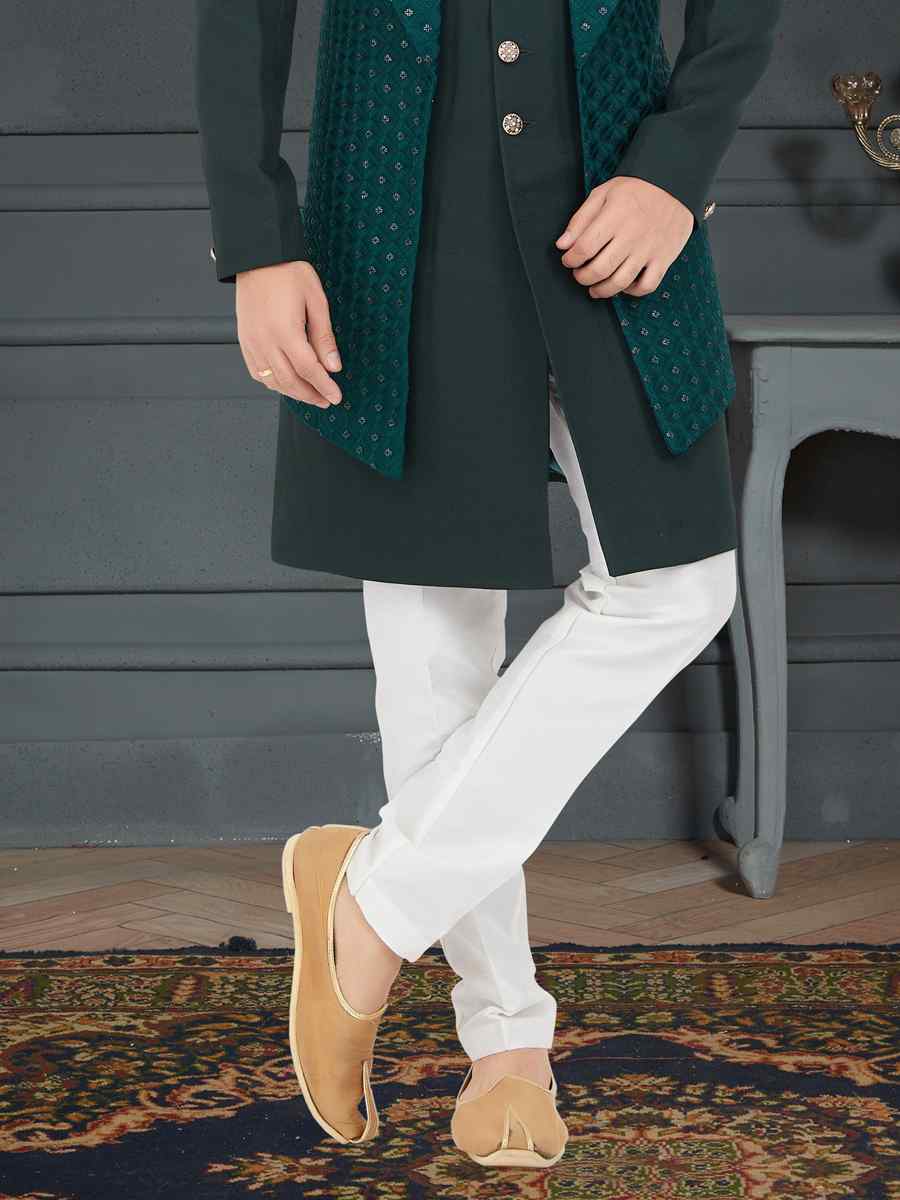 Dark Green Velvet Woven Festival Party Sherwani