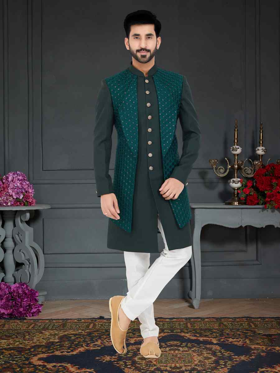 Dark Green Velvet Woven Festival Party Sherwani