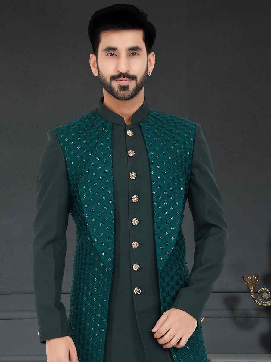 Dark Green Velvet Woven Festival Party Sherwani