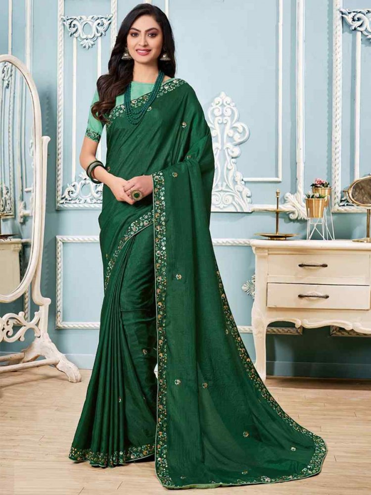 Dark Green Vichitra Silk Embroidered Party Festival Classic Style Saree
