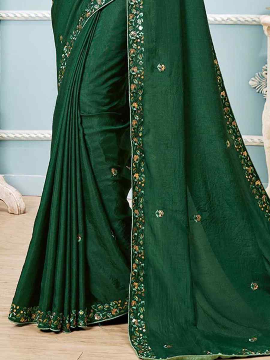 Dark Green Vichitra Silk Embroidered Party Festival Classic Style Saree