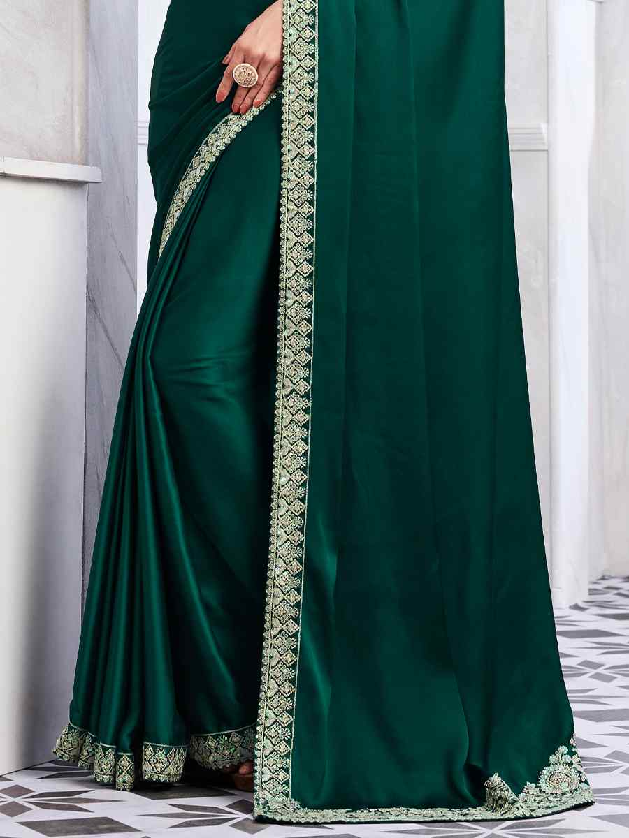 Dark Green Walnut Silk Embroidered Bridesmaid Reception Heavy Border Saree