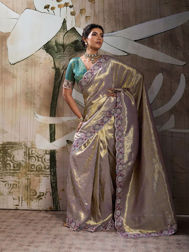 Image of Dark Grey Banarasi Silk Jacquard Embroidery Zari Sequins Wedding Reception Party Festival Casual Heavy Border Sarees