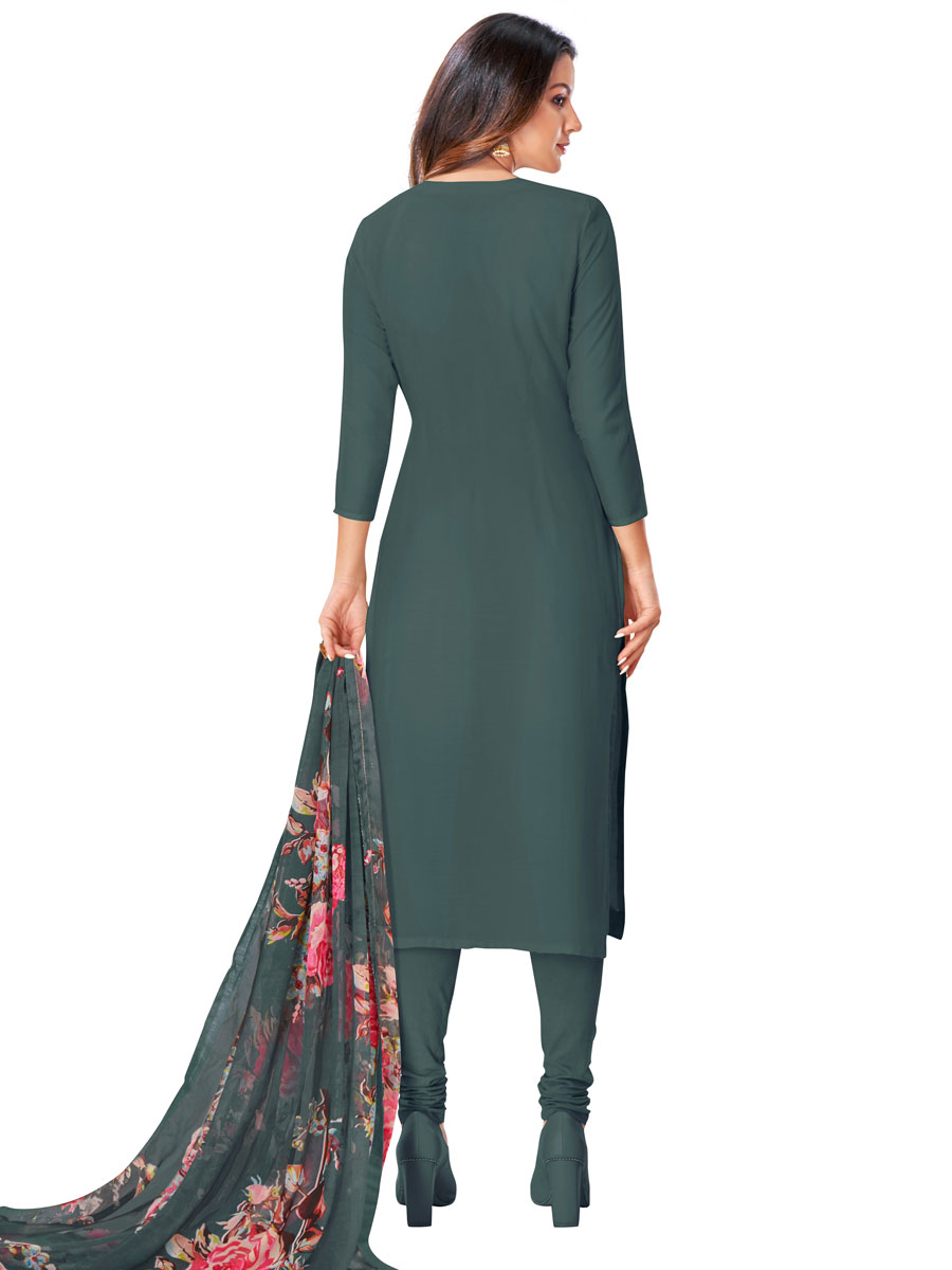 Dark Grey Chanderi Cotton Embroidered Party Churidar Pant Kameez