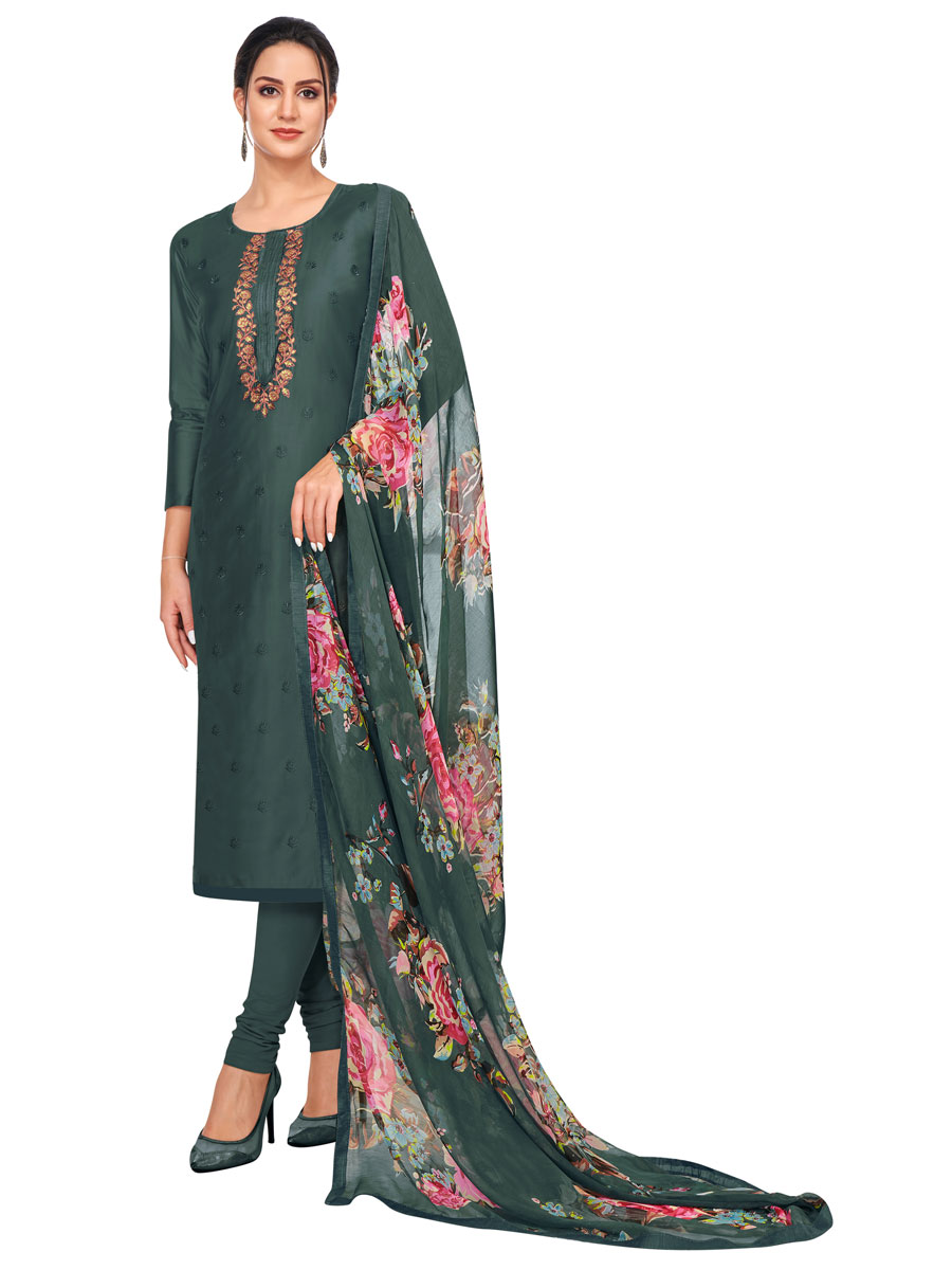 Dark Grey Chanderi Cotton Embroidered Party Churidar Pant Kameez