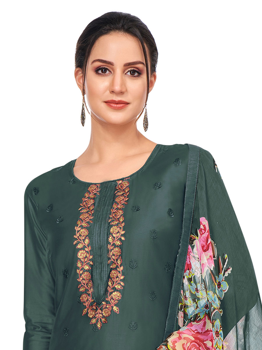 Dark Grey Chanderi Cotton Embroidered Party Churidar Pant Kameez