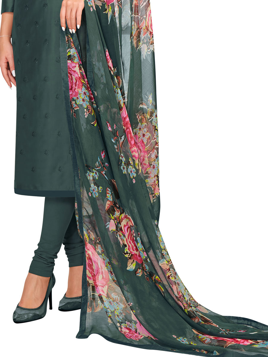 Dark Grey Chanderi Cotton Embroidered Party Churidar Pant Kameez