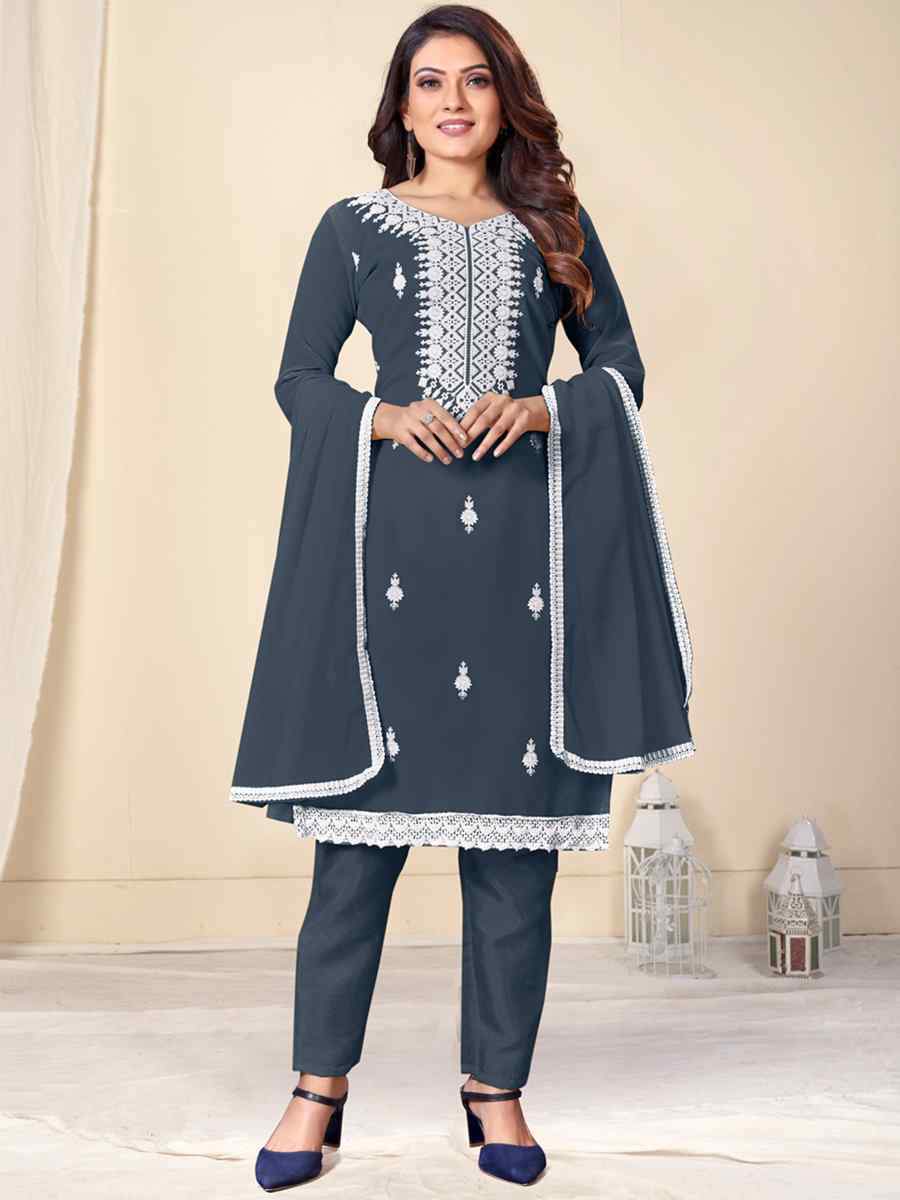 Dark Grey Faux Georgette Embroidered Casual Festival Pant Salwar Kameez