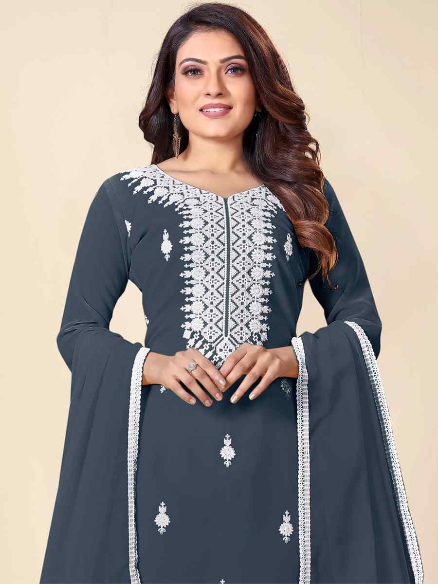 Dark Grey Faux Georgette Embroidered Casual Festival Pant Salwar Kameez