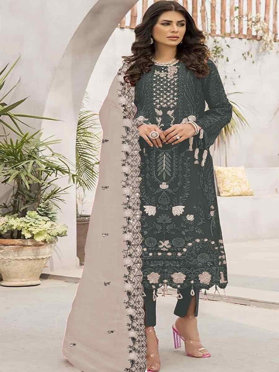 Dark Grey Faux Georgette Embroidered Festival Casual Pant Salwar Kameez