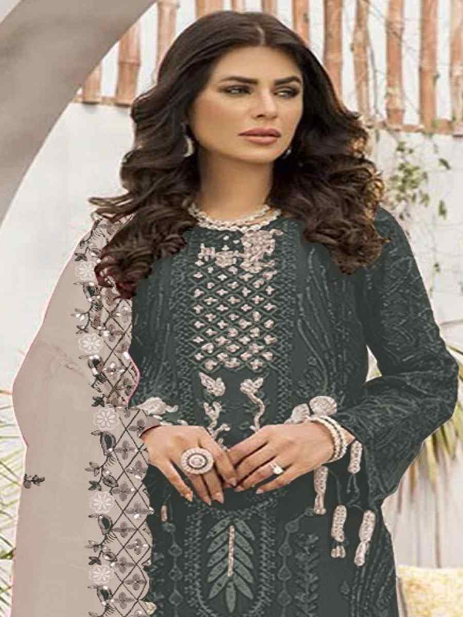 Dark Grey Faux Georgette Embroidered Festival Casual Pant Salwar Kameez