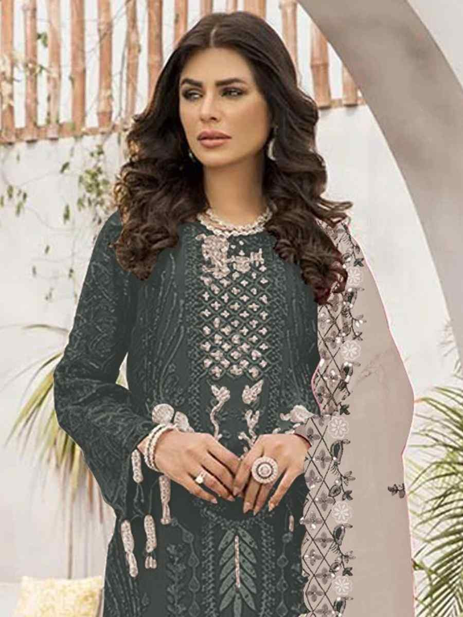 Dark Grey Faux Georgette Embroidered Festival Casual Pant Salwar Kameez