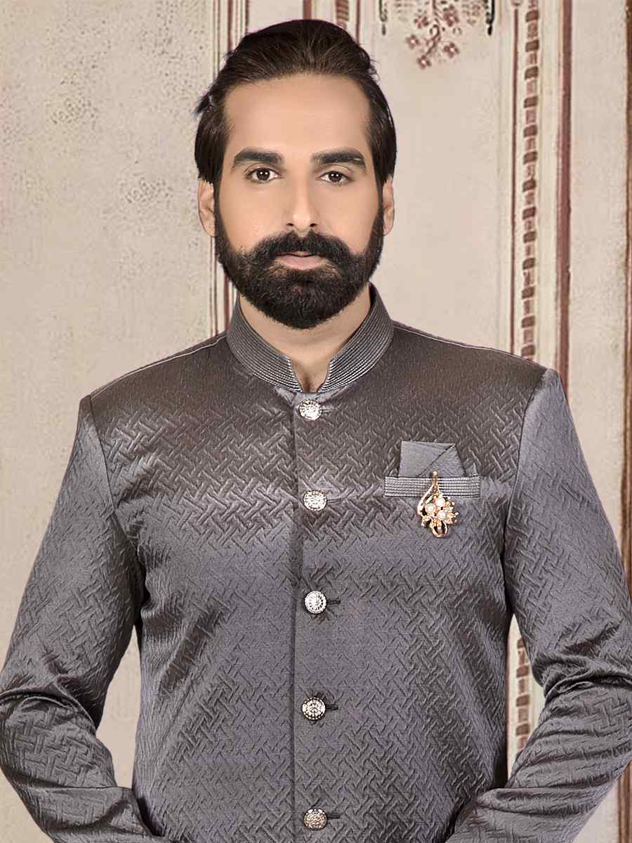 Dark Grey Jacquard Woven Festival Wedding Sherwani Kurta