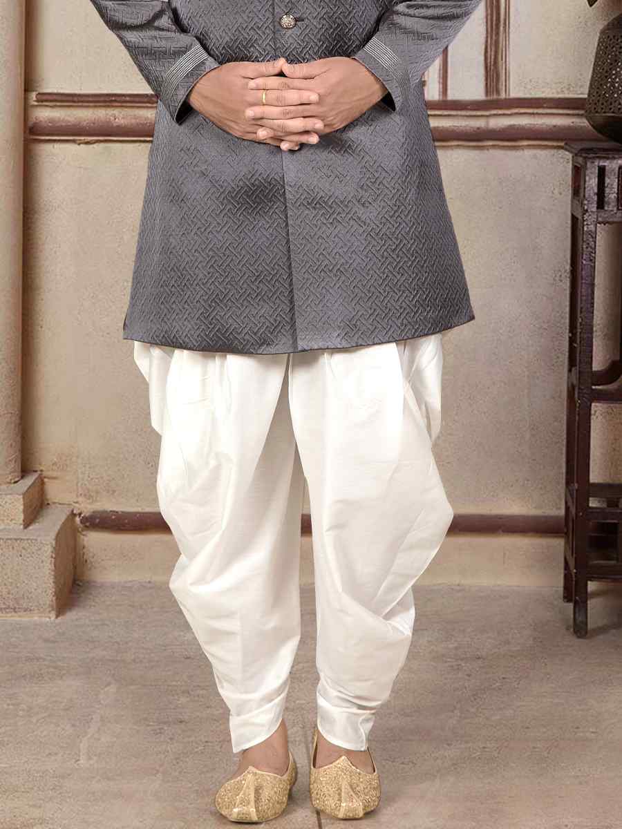 Dark Grey Jacquard Woven Festival Wedding Sherwani Kurta