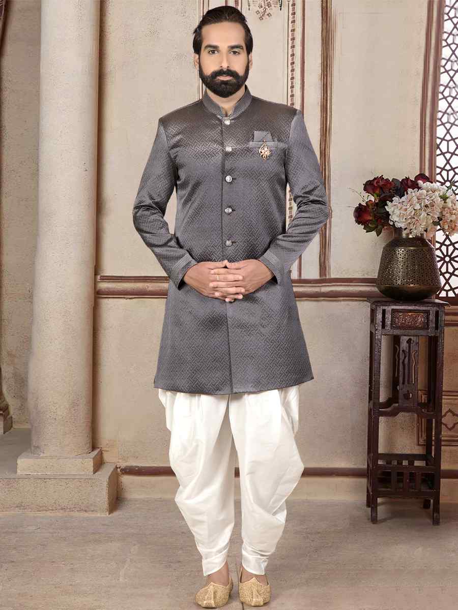 Dark Grey Jacquard Woven Festival Wedding Sherwani Kurta