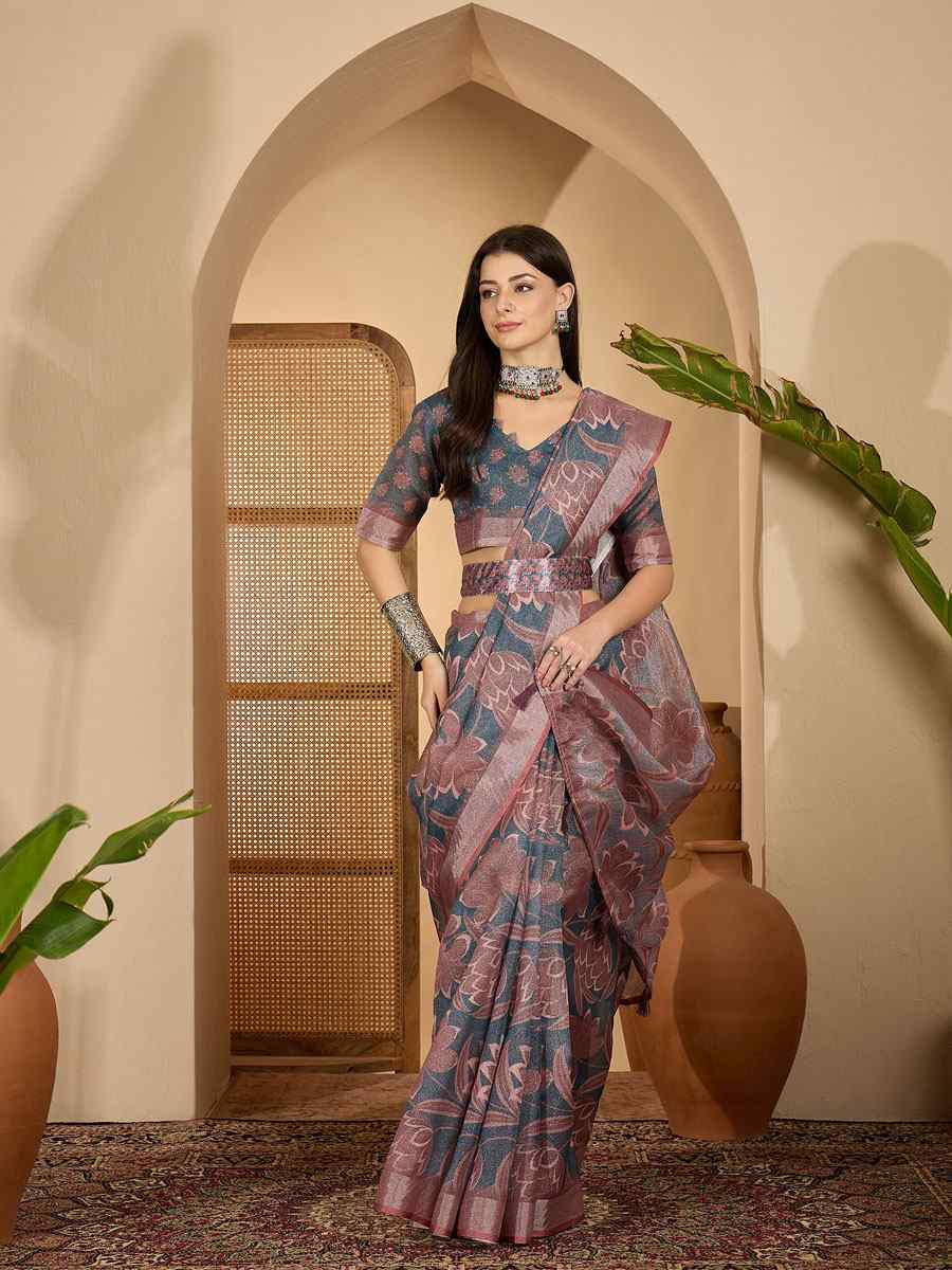 Dark Grey Linen Silver Zari Printed Casual Reception Festival Wedding Fancy Classic Style Sarees