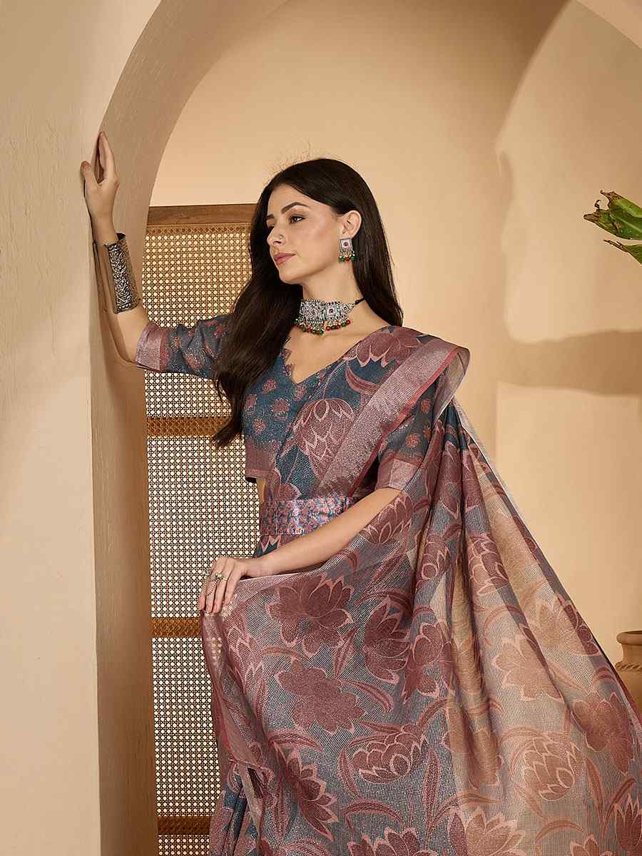 Dark Grey Linen Silver Zari Printed Casual Reception Festival Wedding Fancy Classic Style Sarees