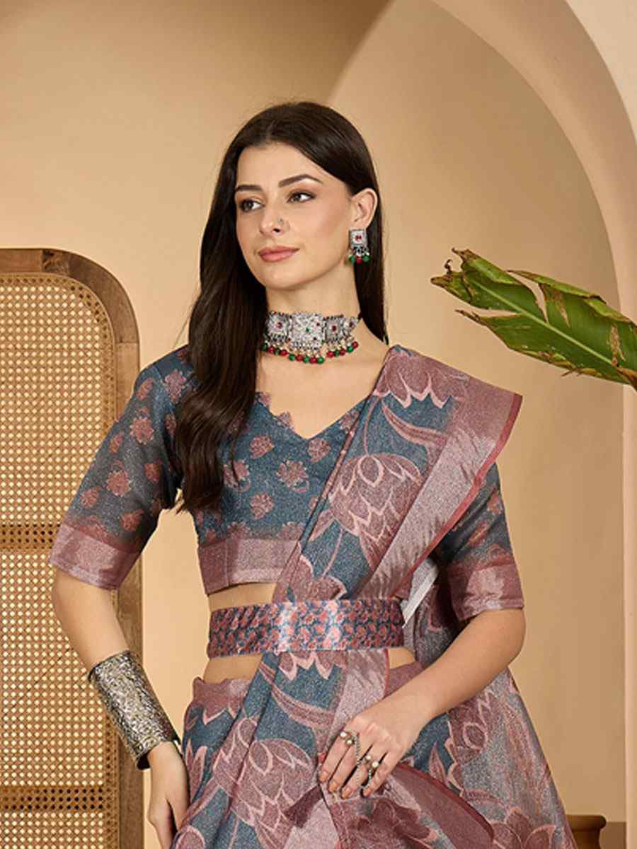 Dark Grey Linen Silver Zari Printed Casual Reception Festival Wedding Fancy Classic Style Sarees