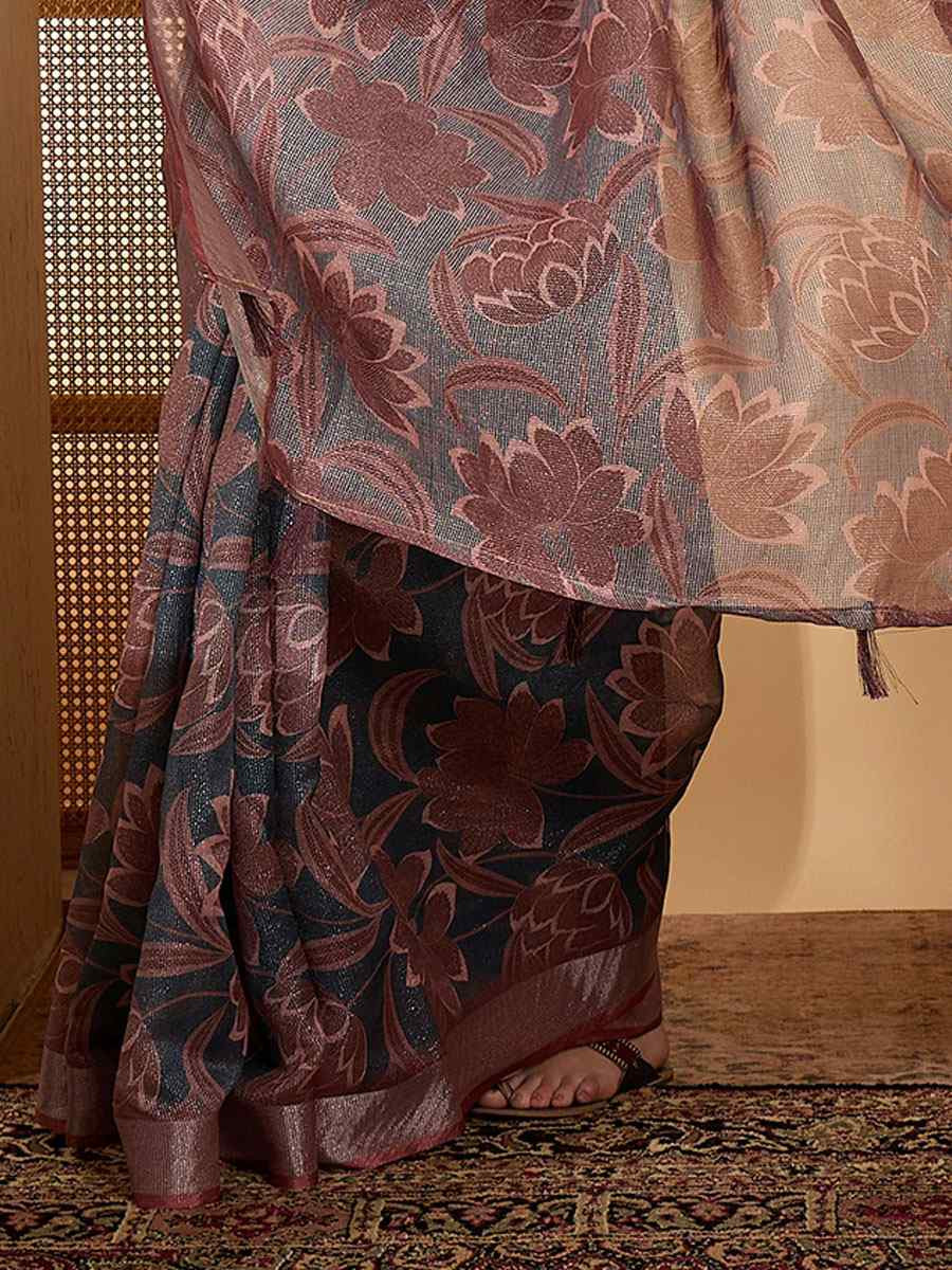 Dark Grey Linen Silver Zari Printed Casual Reception Festival Wedding Fancy Classic Style Sarees