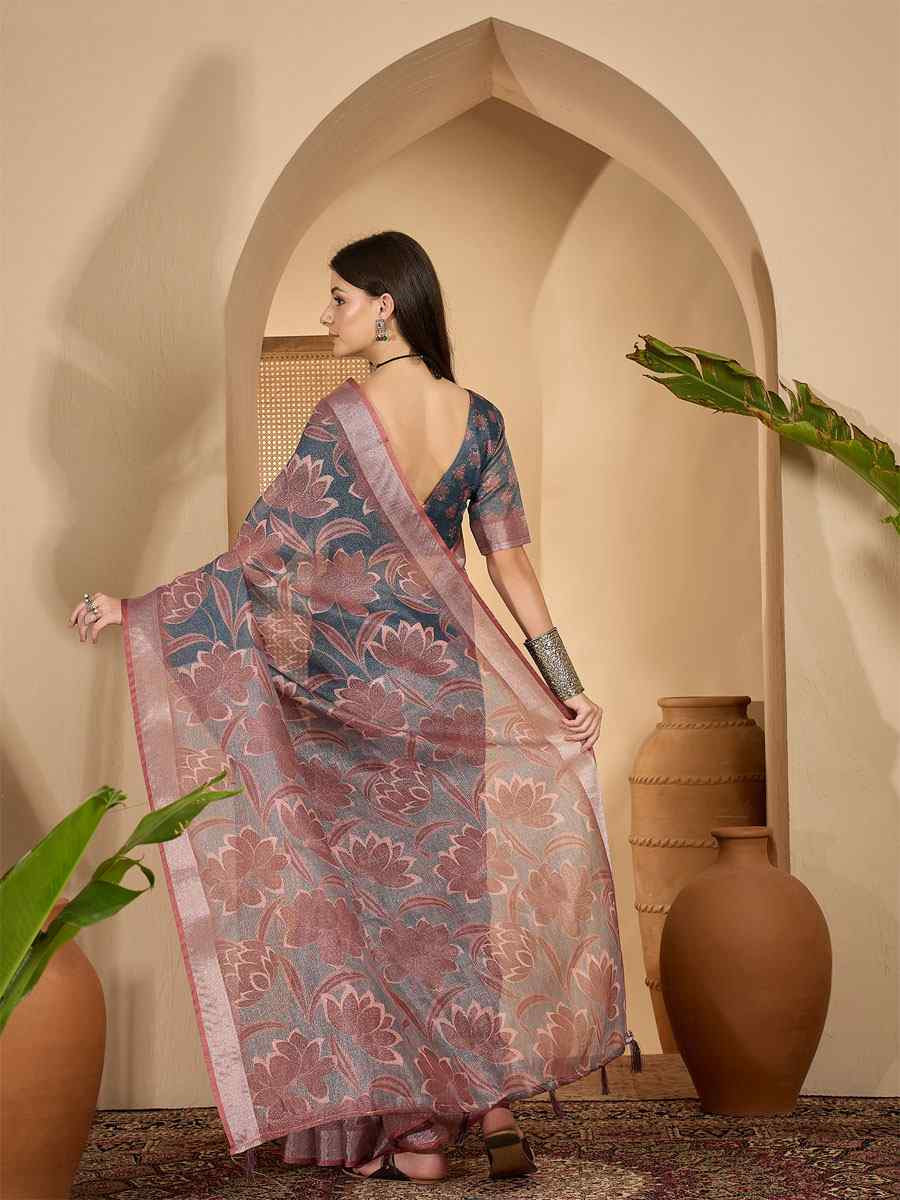 Dark Grey Linen Silver Zari Printed Casual Reception Festival Wedding Fancy Classic Style Sarees