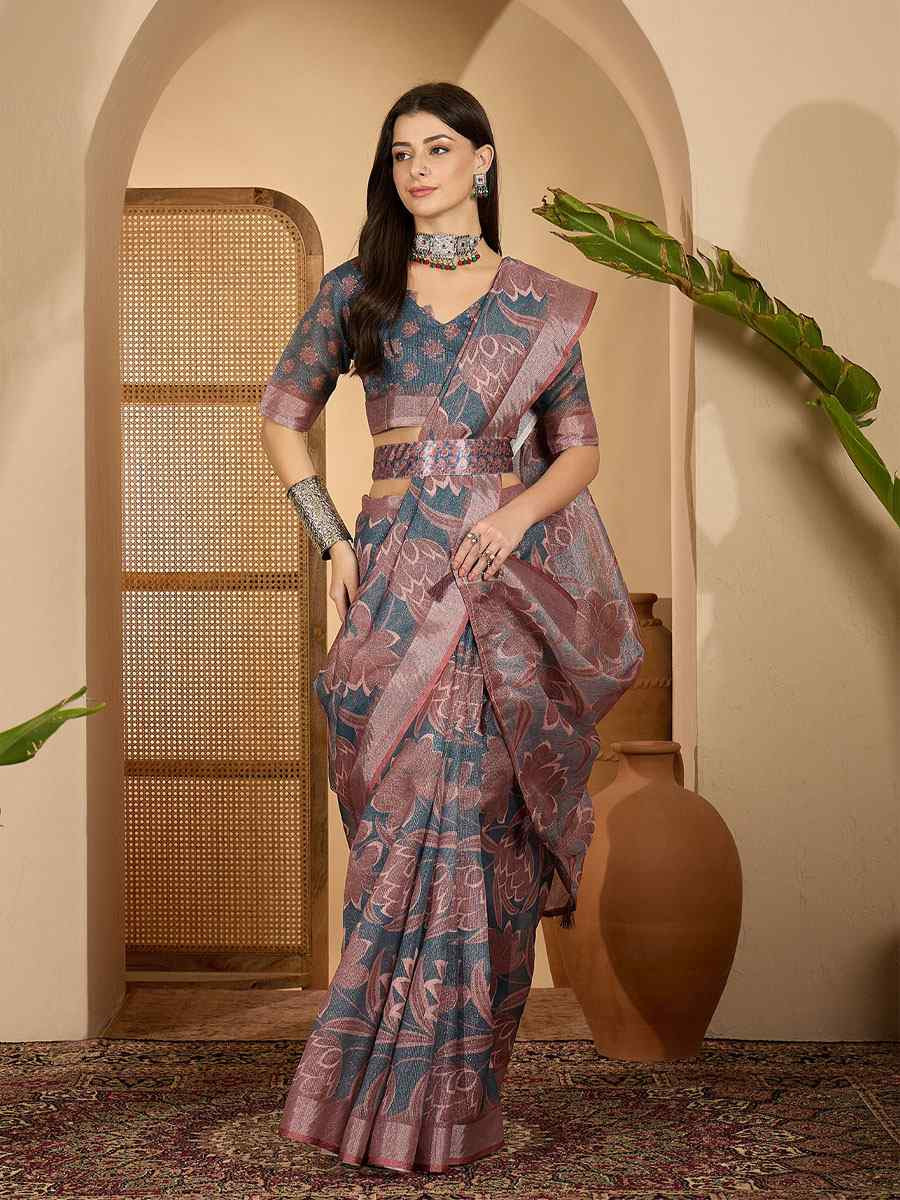 Dark Grey Linen Zari Silver Printed Casual Reception Festival Wedding Fancy Classic Style Sarees