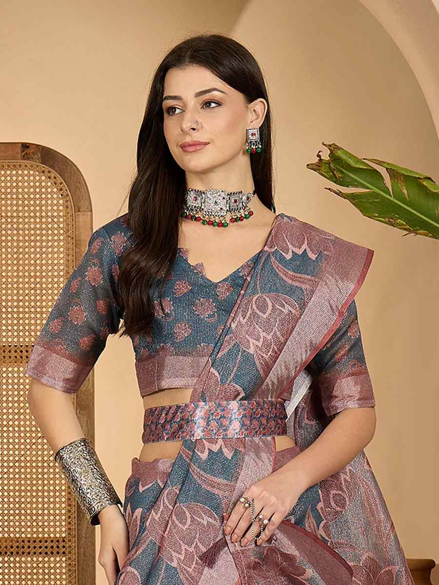 Dark Grey Linen Zari Silver Printed Casual Reception Festival Wedding Fancy Classic Style Sarees