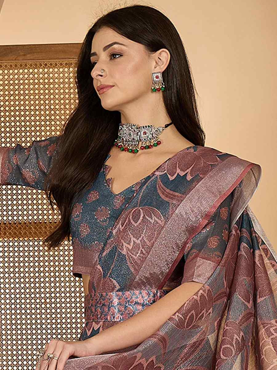 Dark Grey Linen Zari Silver Printed Casual Reception Festival Wedding Fancy Classic Style Sarees