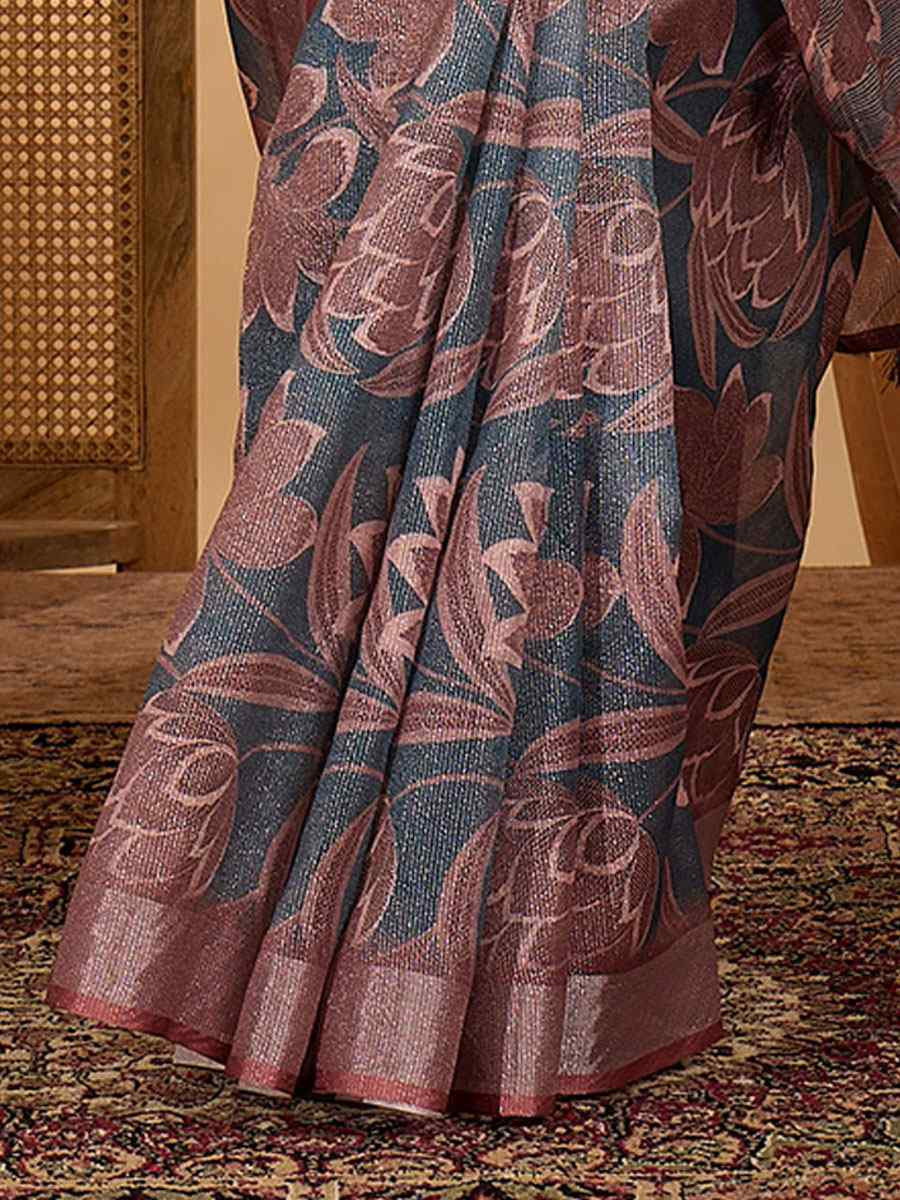 Dark Grey Linen Zari Silver Printed Casual Reception Festival Wedding Fancy Classic Style Sarees