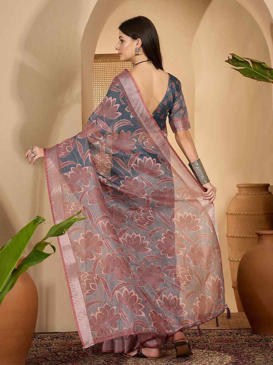 Dark Grey Linen Zari Silver Printed Casual Reception Festival Wedding Fancy Classic Style Sarees