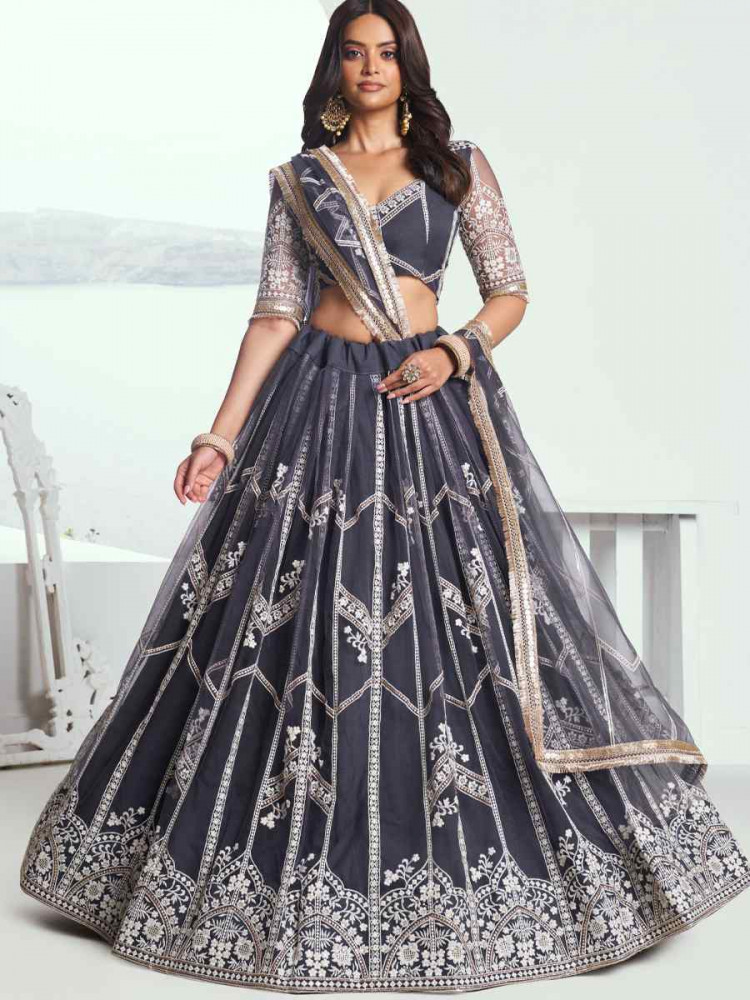 Image of Dark Grey Net Embroidered Wedding Reception Festival Heavy Border Lehenga Choli