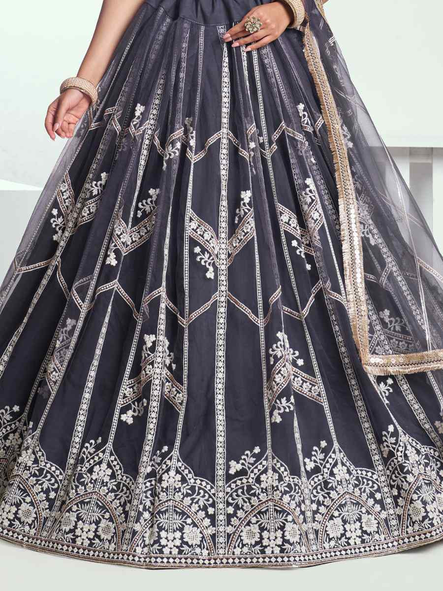 Dark Grey Net Embroidered Wedding Reception Festival Heavy Border Lehenga Choli
