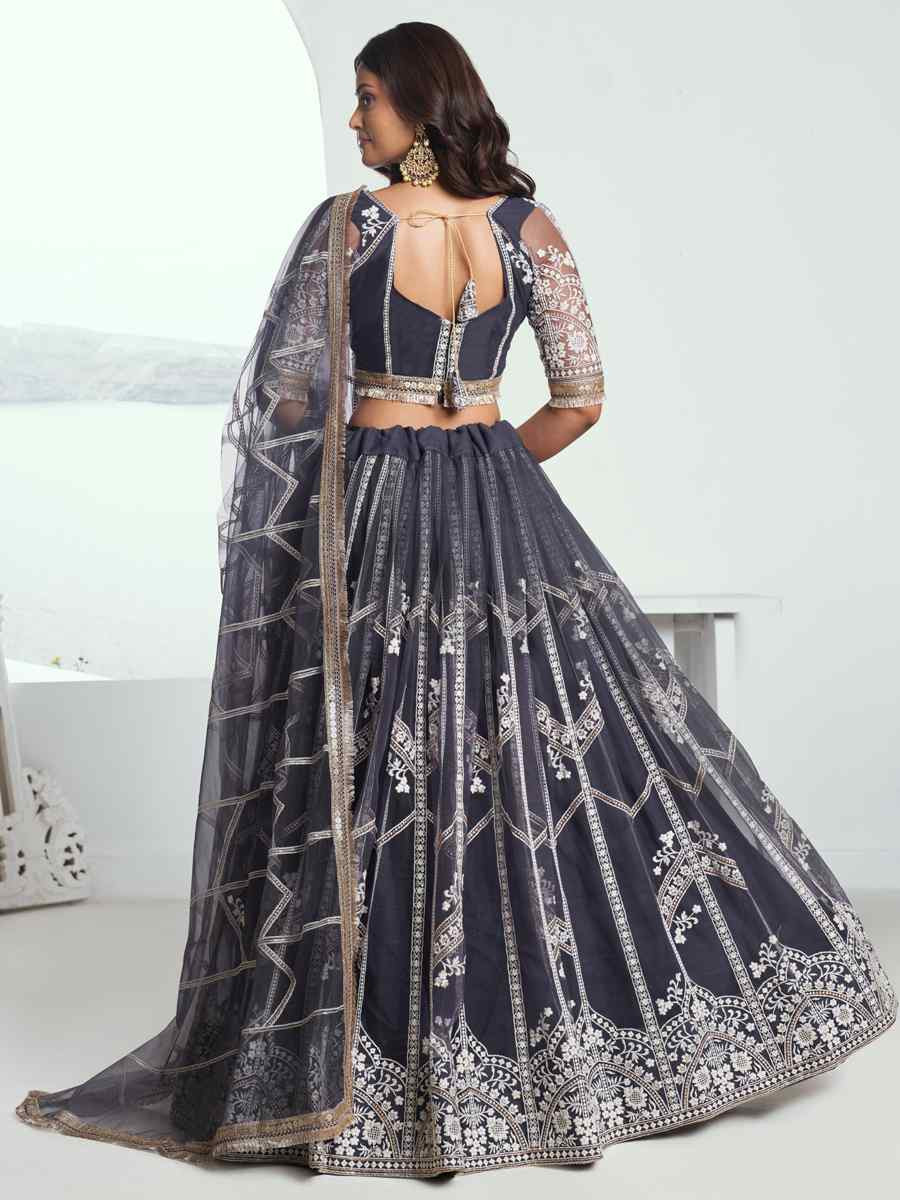 Dark Grey Net Embroidered Wedding Reception Festival Heavy Border Lehenga Choli