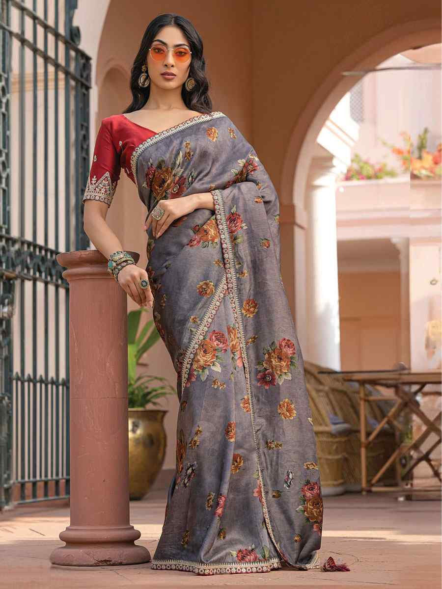 Dark Grey Pure Viscose Dola Silk Embroidery Casual Festival Party Heavy Border Sarees
