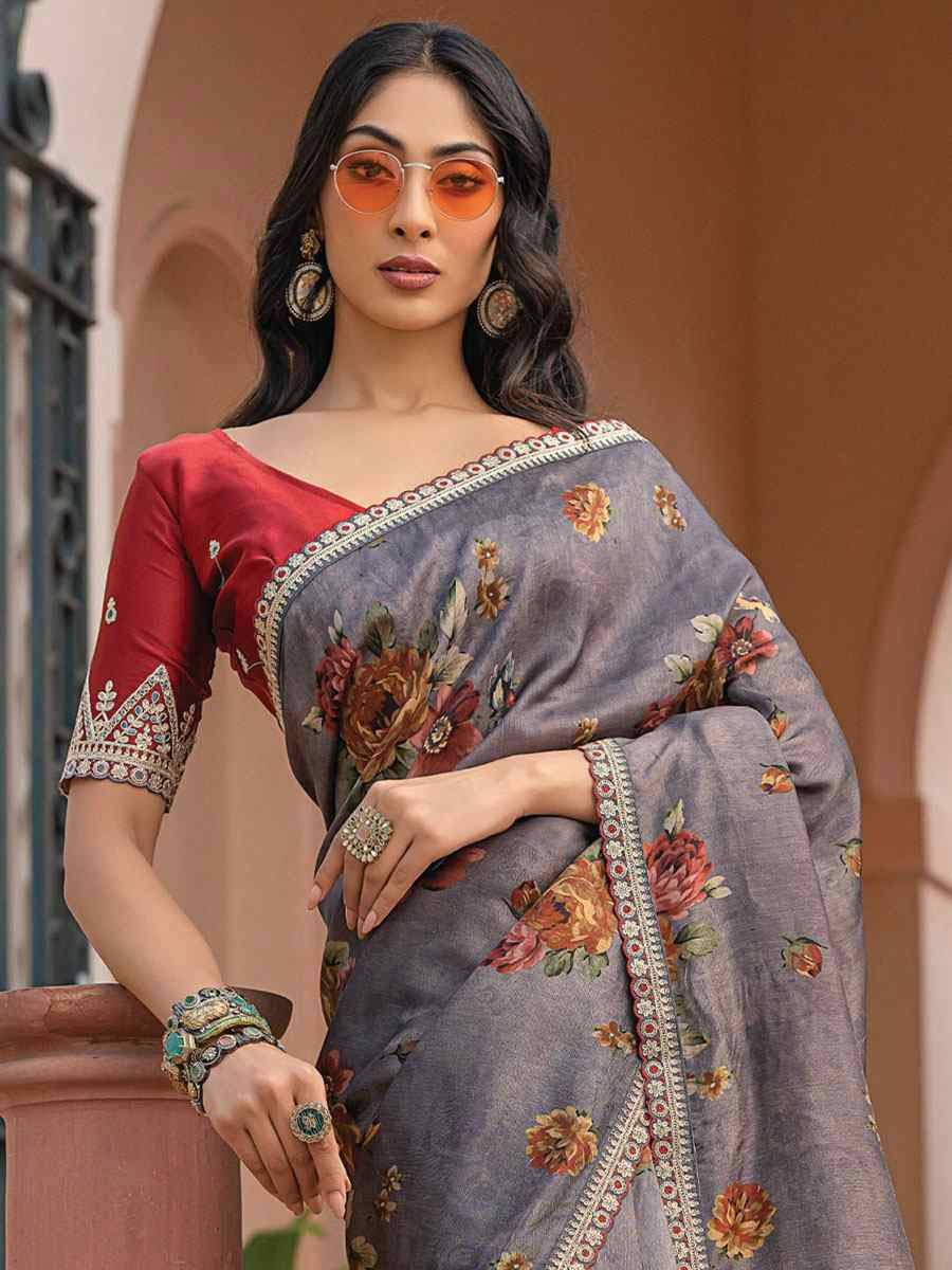 Dark Grey Pure Viscose Dola Silk Embroidery Casual Festival Party Heavy Border Sarees