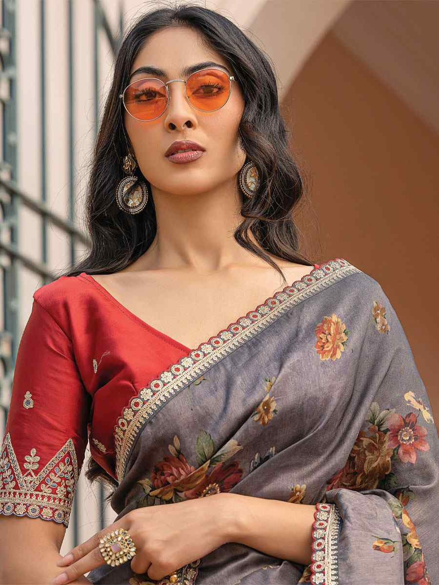 Dark Grey Pure Viscose Dola Silk Embroidery Casual Festival Party Heavy Border Sarees