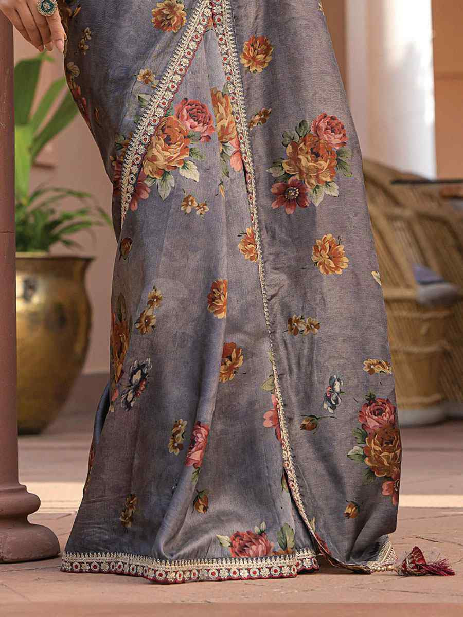 Dark Grey Pure Viscose Dola Silk Embroidery Casual Festival Party Heavy Border Sarees