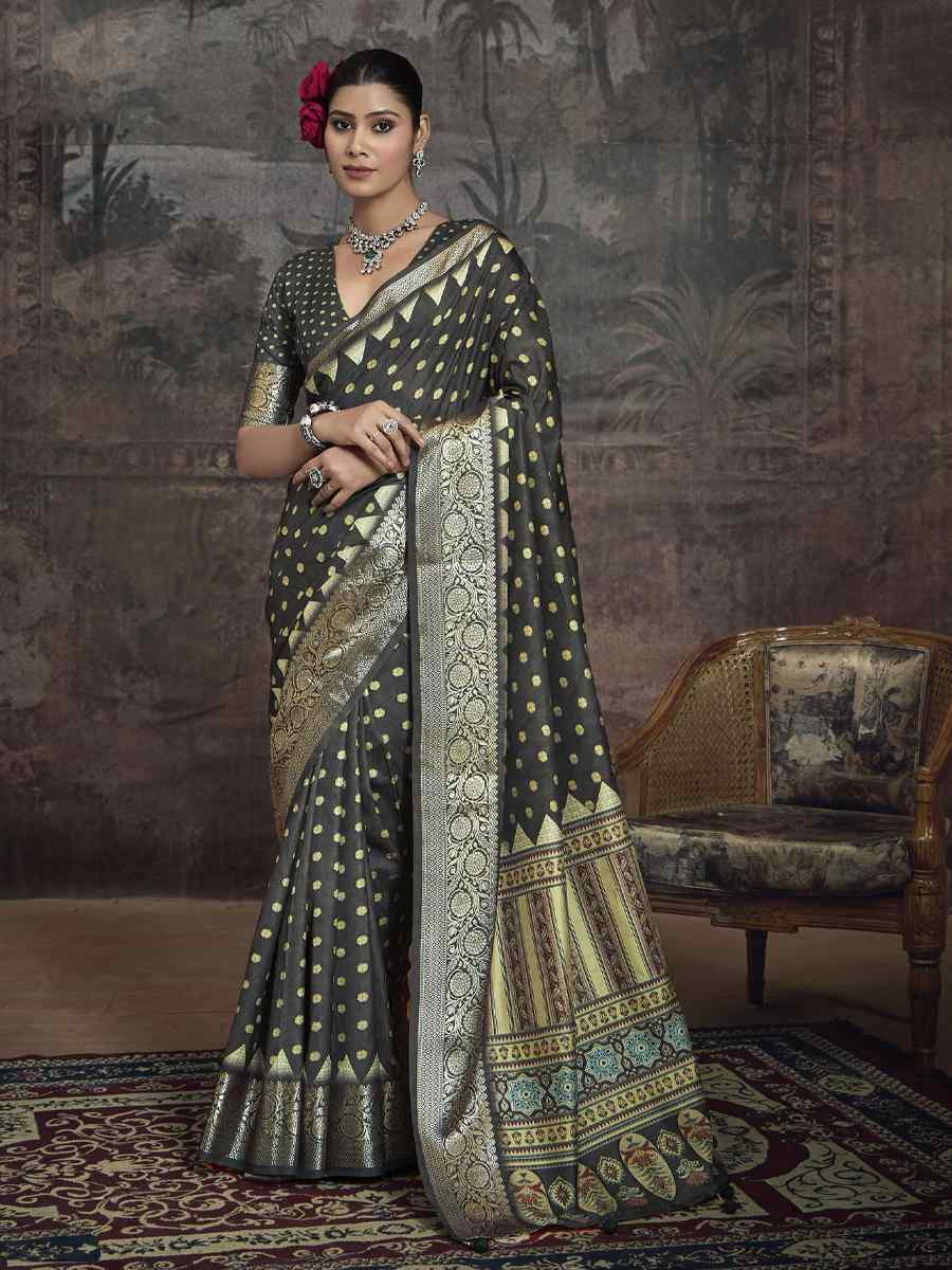 Dark Grey Silk Handwoven Festival Wedding Fancy Heavy Border Saree