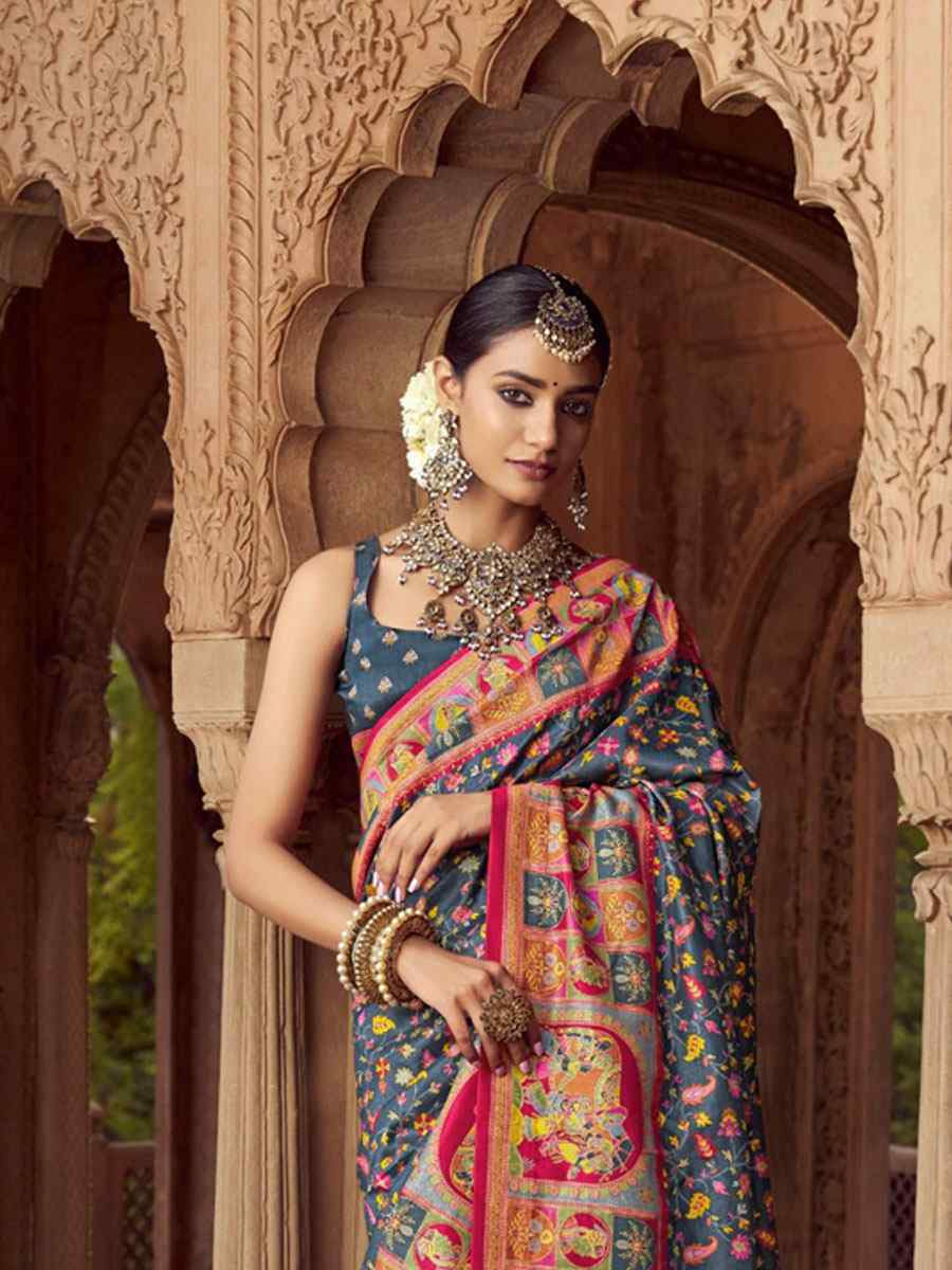 Dark Grey Silk Kalamkari Printed Festival Wedding Fancy Heavy Border Saree