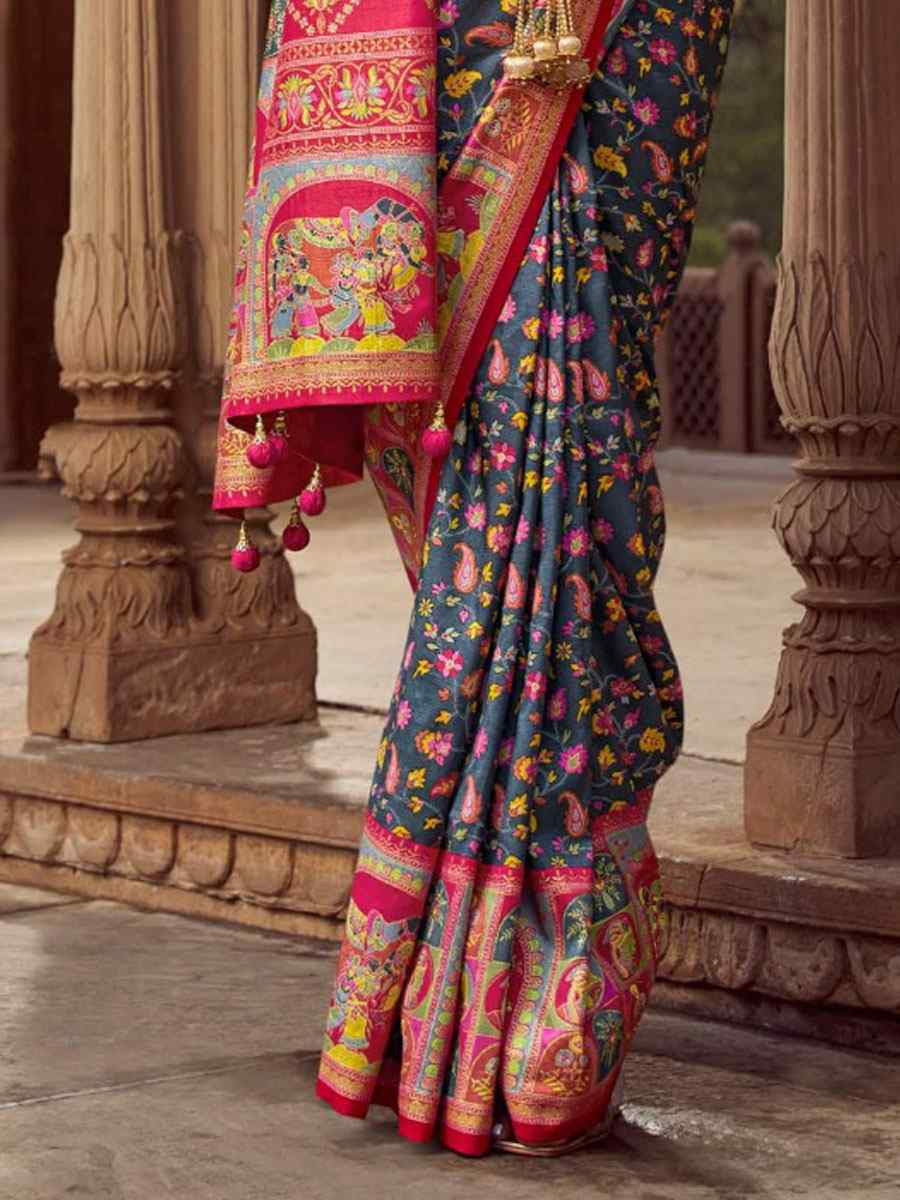 Dark Grey Silk Kalamkari Printed Festival Wedding Fancy Heavy Border Saree