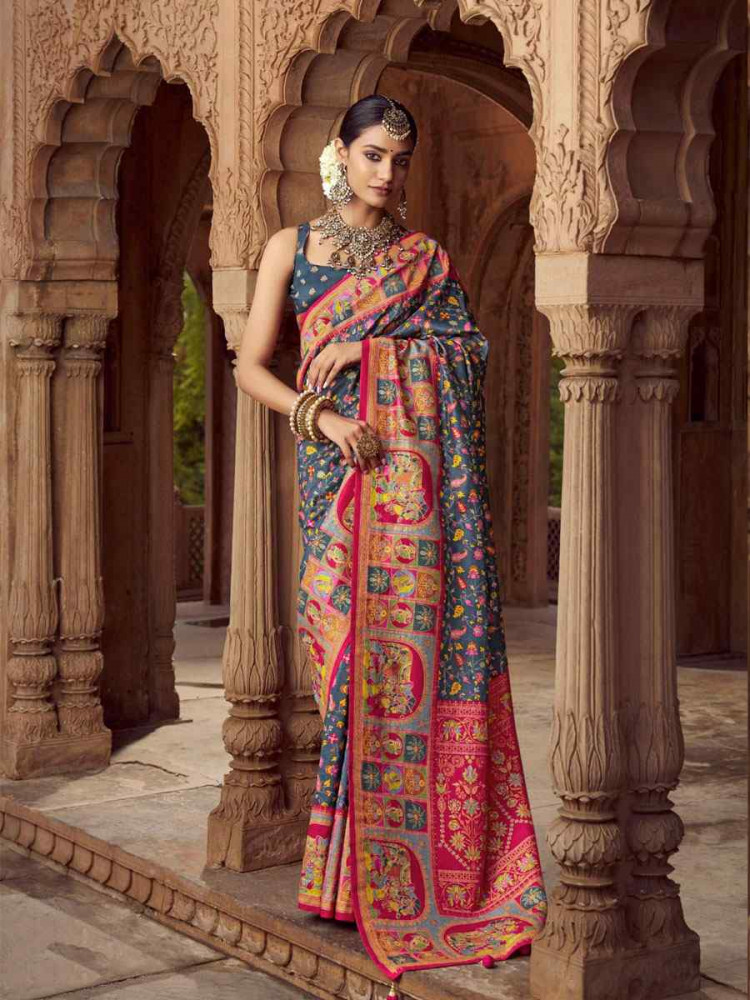 Image of Dark Grey Silk Kalamkari Printed Festival Wedding Fancy Heavy Border Saree